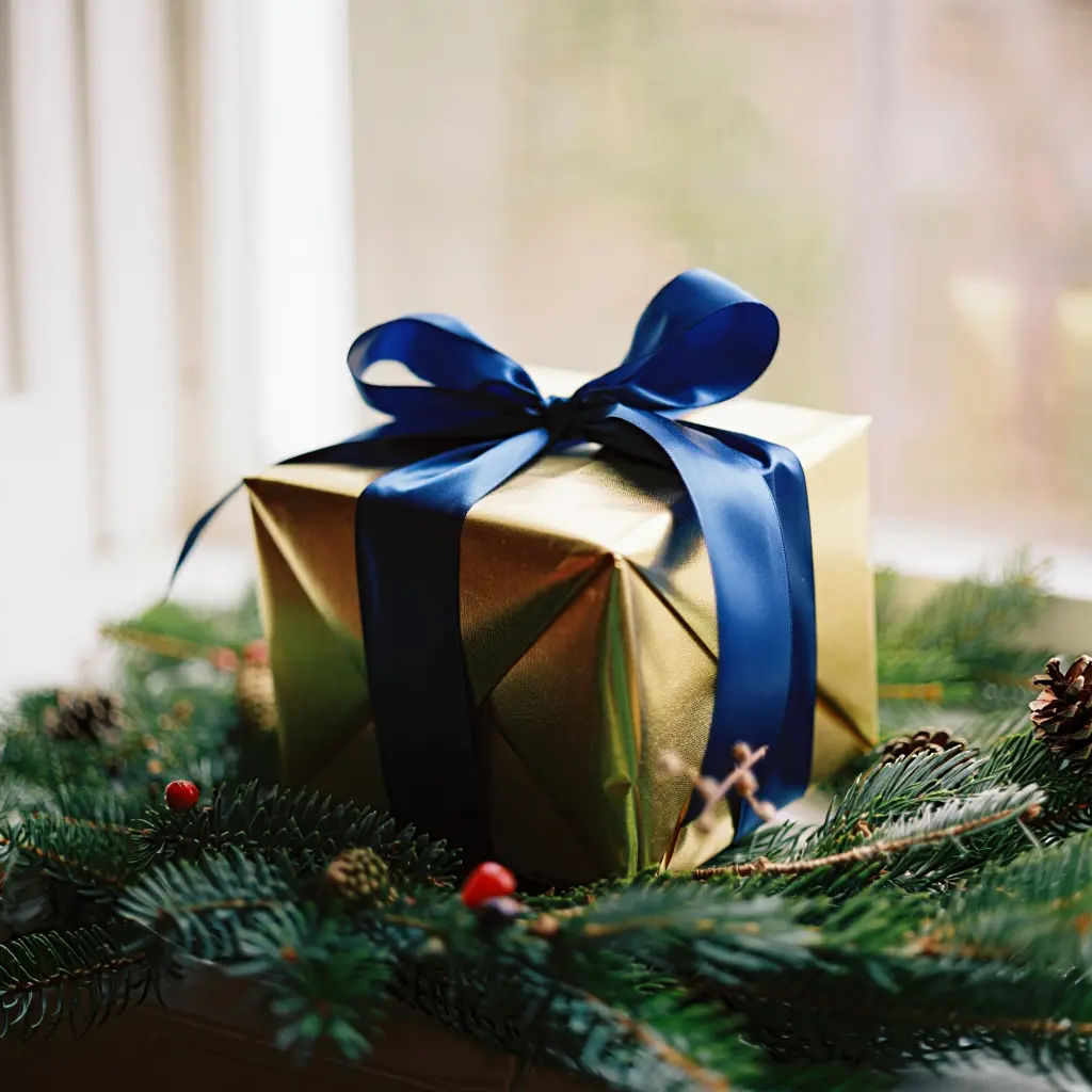 Kauniisti paketoitu lahja koristenauhalla