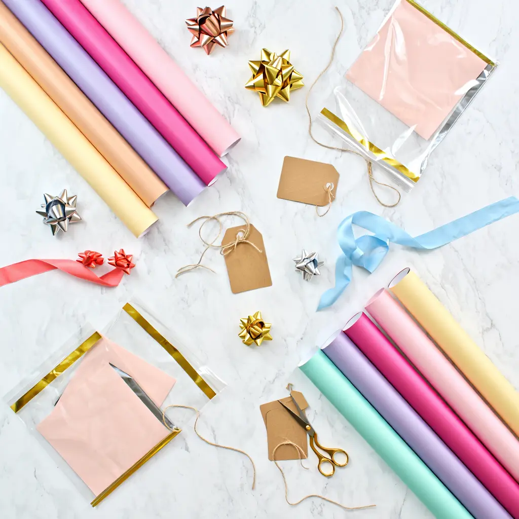 Värikkäitä lahjapapereita ja paketointitarvikkeita